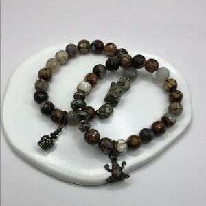 Natural polished stone bead brass frog crown charms roll on bracelets bundle 2.